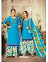 Blue Cotton satin Embroidered Suit
