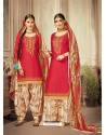 Red Cotton satin Embroidered Suit