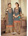 Grey Cotton satin Embroidered Suit