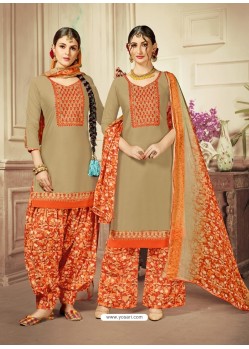 Beige Cotton satin Embroidered Suit