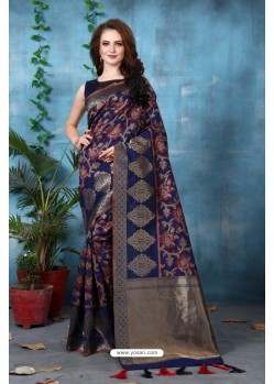 Dark Blue Banarasi Silk Saree