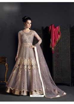 Grey Net Embroidered Floor Length Suit