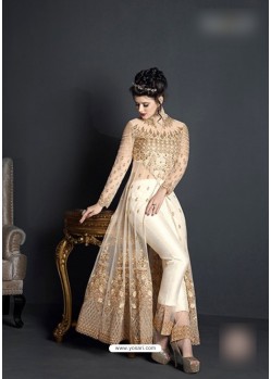 Off White Net Embroidered Floor Length Suit