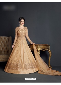 Beige Net Embroidered Floor Length Suit