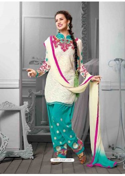 White And Sky Blue Cotton Jacquard Punjabi Patiala Suit