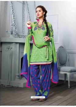 Green And Blue Cotton Jacquard Punjabi Patiala Suit