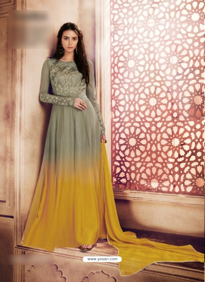 Grey Georgette Embroidered Floor Length Suit
