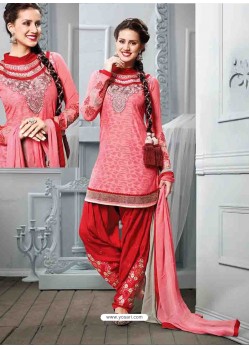 Pink And Red Cotton Jacquard Punjabi Patiala Suit