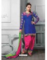 Blue And Pink Cotton Jacquard Punjabi Patiala Suit