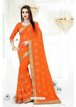 Orange Faux Georgette Embroidered Saree