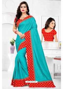 Turquoise Silk Embroidered Saree