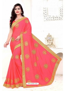 Dark Peach Faux Silk Embroidered Saree