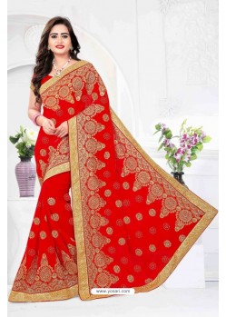 Red Faux Georgette Embroidered Saree