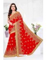 Red Faux Georgette Embroidered Saree