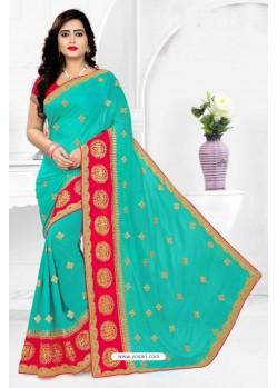 Aqua Mint Faux Silk Embroidered Saree