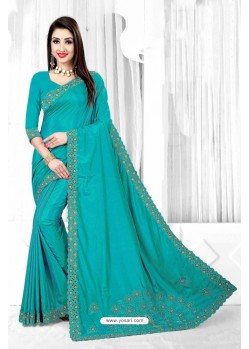 Turquoise Silk Embroidered Saree