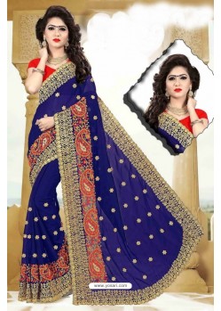 Dark Blue Marble Chiffon Embroidered Saree