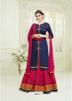 Navy Blue Pure Cotton Embroidered Lehenga Suit