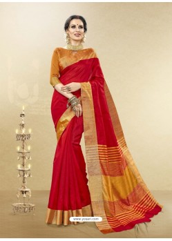 Red Cotton Handloom Silk Woven Work Saree