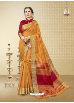 Mustard Cotton Handloom Silk Woven Work Saree