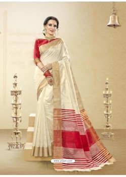 Off White Cotton Handloom Silk Woven Work Saree