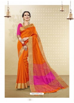 Orange Cotton Handloom Silk Woven Work Saree