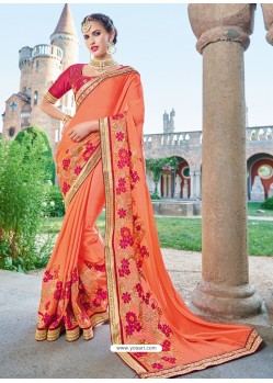 Orange Georgette Embroidered Saree