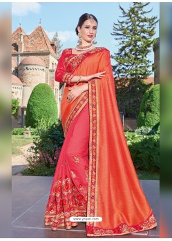 Dark Peach Georgette Embroidered Saree