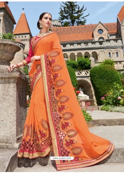 Orange Georgette Embroidered Saree