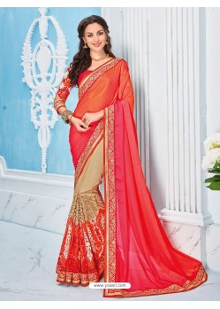 Dark Peach Satin And Net Embroidered Saree