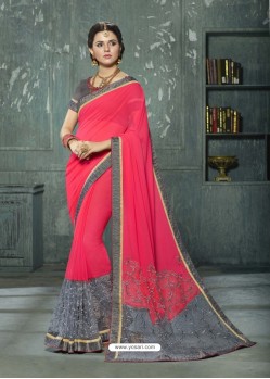 Dark Peach Georgette And Net Embroidered Saree