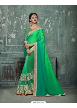 Green Georgette And Net Embroidered Saree