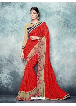 Red Chiffin Embroidered Saree