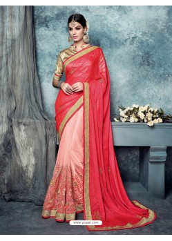 Crimson Satin Chiffon And Net Embroidered Saree