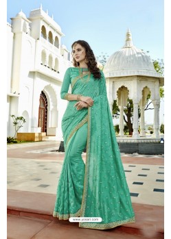 Aqua mint Vichitra Silk Embroidered Saree