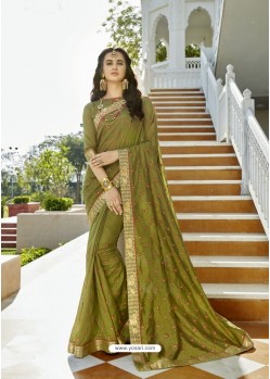 Mehendi Vichitra Silk Embroidered Saree