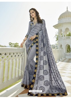 Grey Vichitra Silk Embroidered Saree