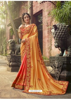 Peach And Yellow Poly Silk Embroidered Saree