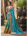 Turquoise Tussar Silk Embroidered Saree