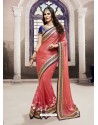 Peach Moss Georgette Embroidered Saree