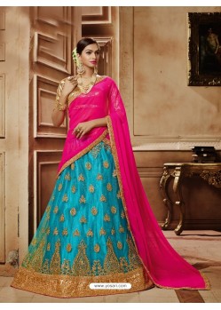 Turquoise Net Embroidered Lehenga Choli