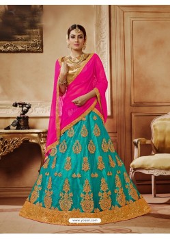 Turquoise Net Embroidered Lehenga Choli