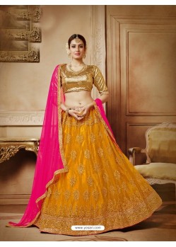 Mustard Net Embroidered Lehenga Choli