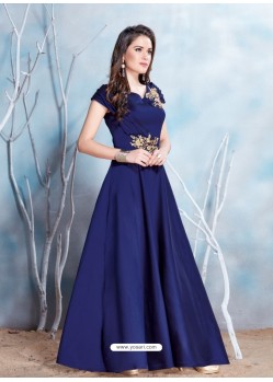 Dark Blue Modal Satin Embroidered Gown