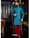 Turquoise Giccha Silk Embroidered Sherwani