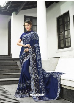 Dark Blue Fancy Fabric Embroidered Saree