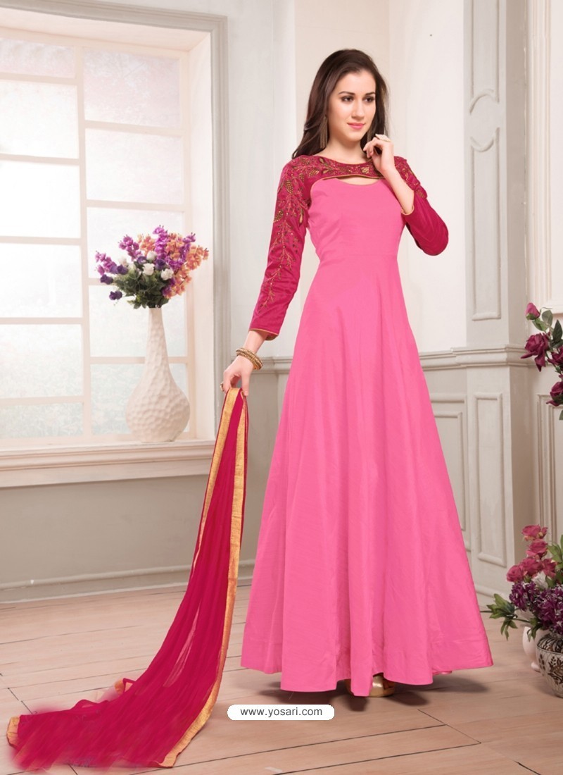 Buy Pink Taffeta Embroidered Floor Length Suit | Anarkali Suits