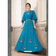 Blue Poly Silk Embroidered Floor Length Suit