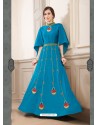 Blue Poly Silk Embroidered Floor Length Suit