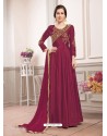Wine Poly Silk Embroidered Floor Length Suit